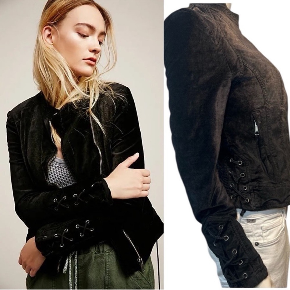 Free People Black Lacey Corset Velvet Lace Up Moto Jacket size Small - Picture 2 of 9
